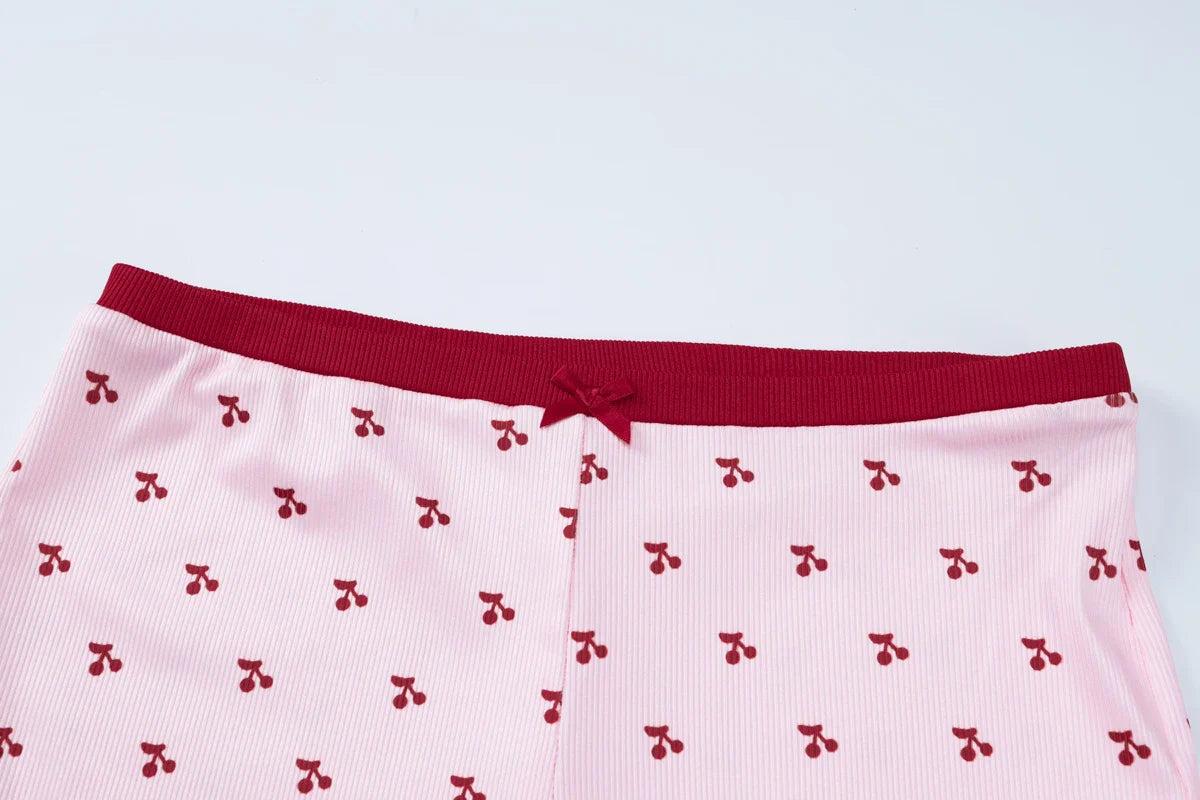 Cherry Print Two-Piece Matching Set with Slim Crop Camisole Top and Bow-Accent Shorts Summer Casual Festival and Workout Outfit for Women