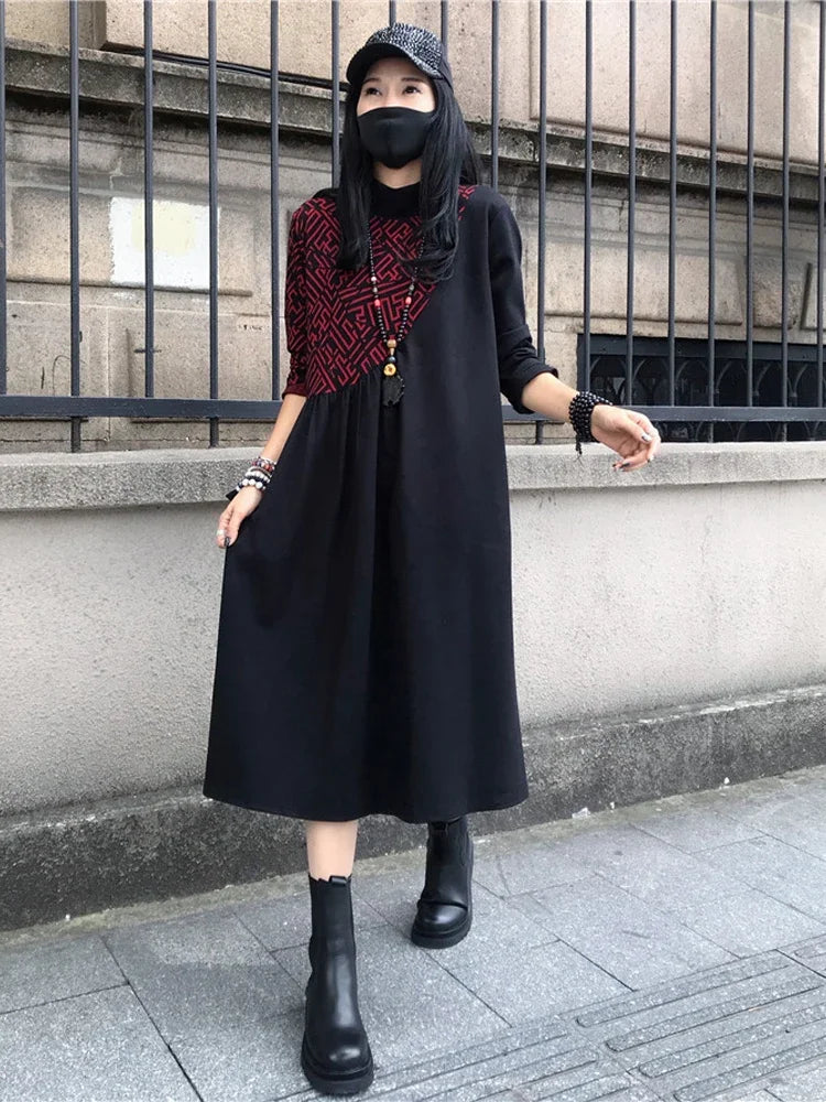 Loose Printed Turtleneck Dress For Women Elegant Casual