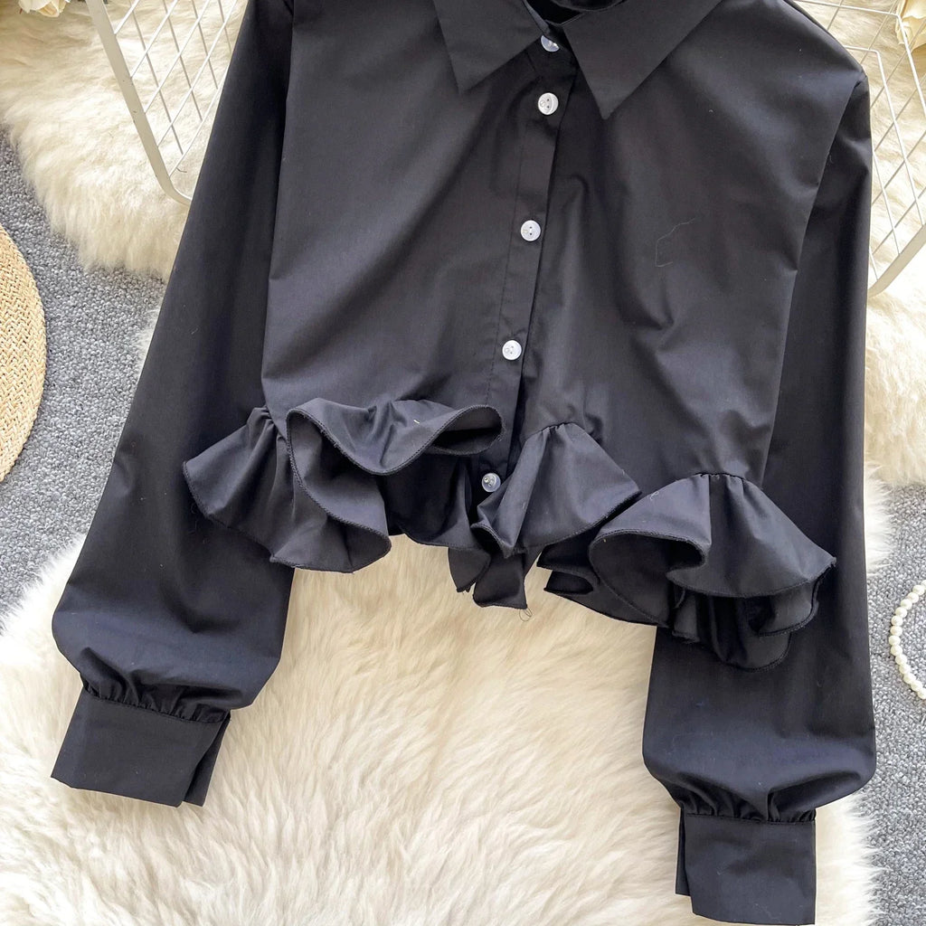 Women's 3D Floral Long Sleeve Blouse Single Breasted Turn-Down Collar Slim Fit Solid Color Shirt