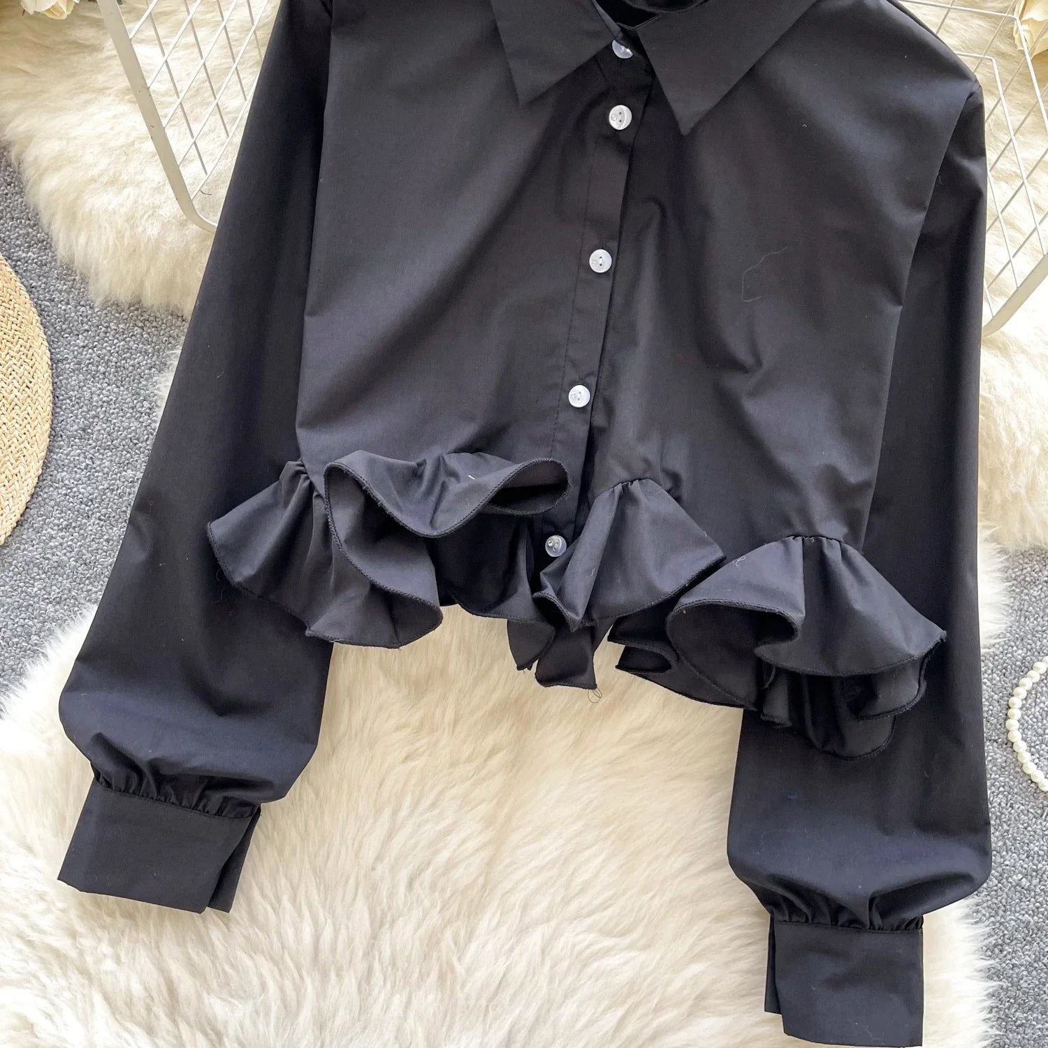 Women's 3D Floral Long Sleeve Blouse Single Breasted Turn-Down Collar Slim Fit Solid Color Shirt