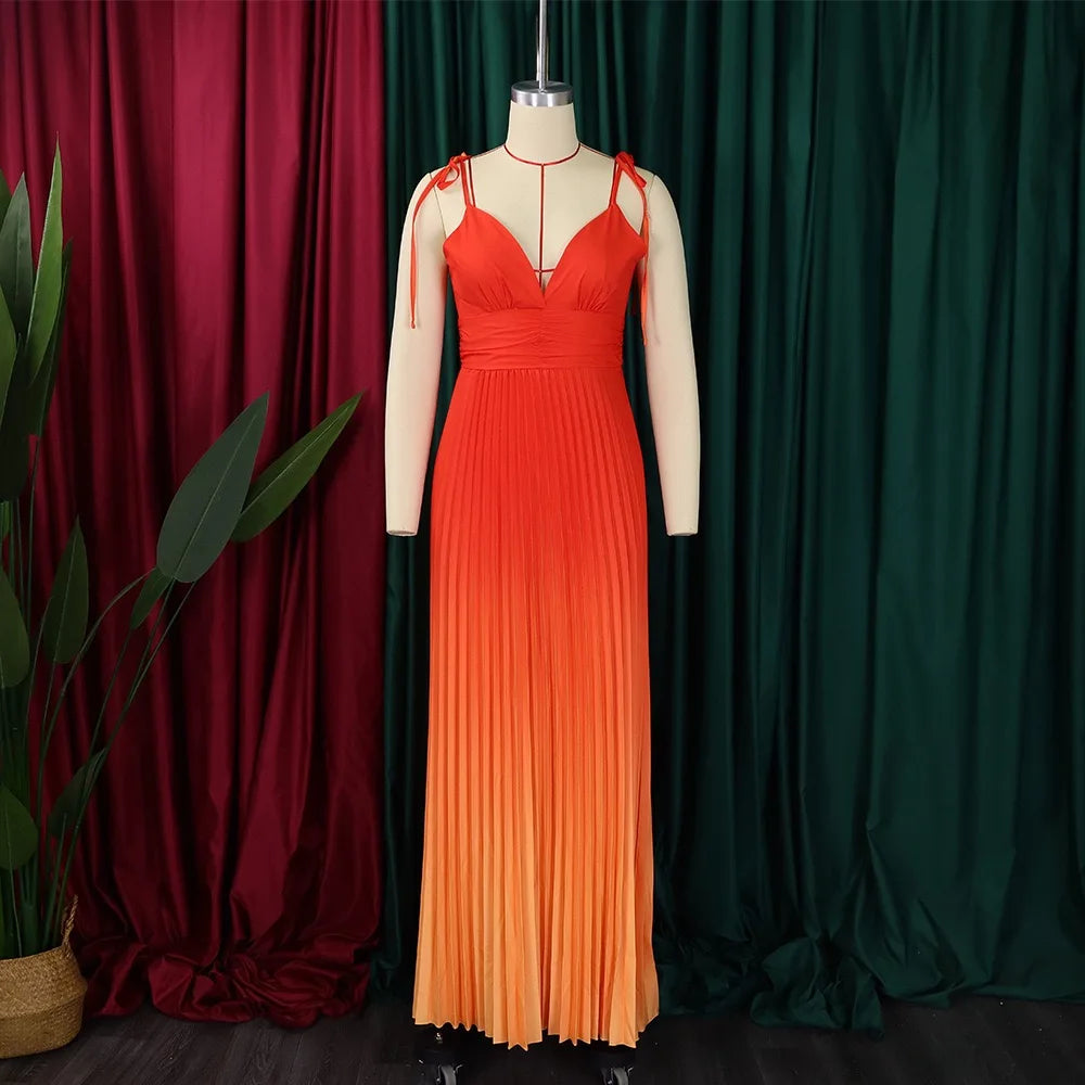 Maxi Dress Spaghetti Strap Pleated Deep V Neck Party