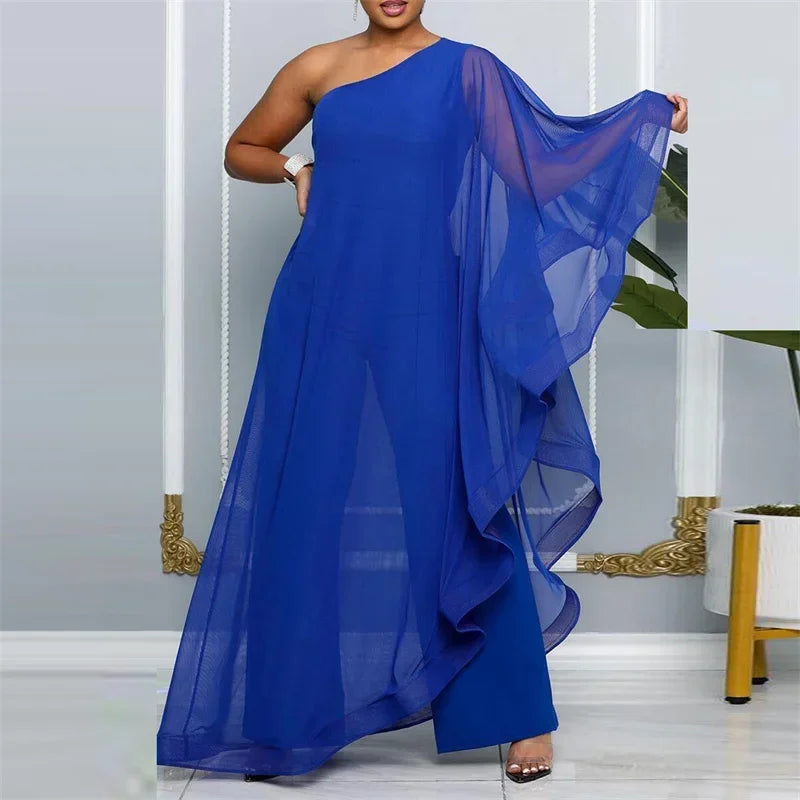 Elegant Chiffon One Shoulder Wide Leg Jumpsuit for Women Evening Party Birthday Romper Overalls Stylish One Piece Combinaison Femme