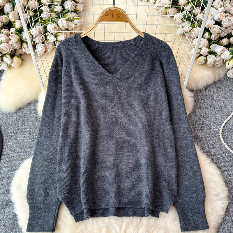 Knitted V-Neck Sweater and Straight Jogging Pants Women's Tracksuit Set