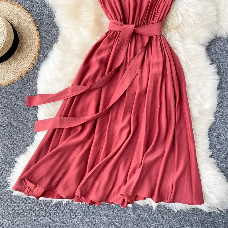 Sleeveless Summer Dress Solid Colors Green Blue Yellow Casual