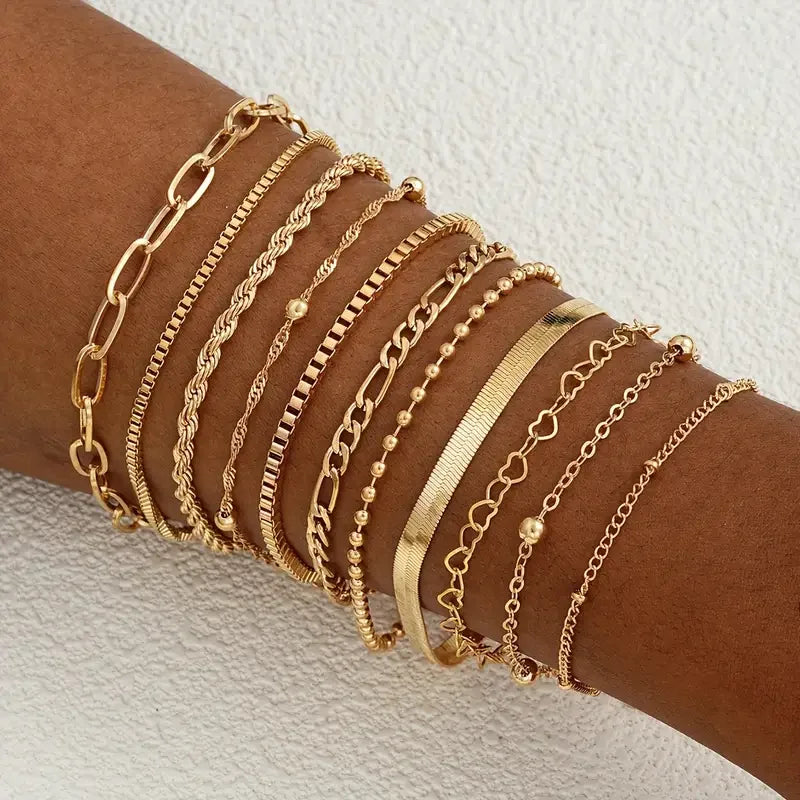 11pcs Chic Snake Chain Bracelet Set for Women Elegant Boho Jewelry with Heart and Geometric Designs