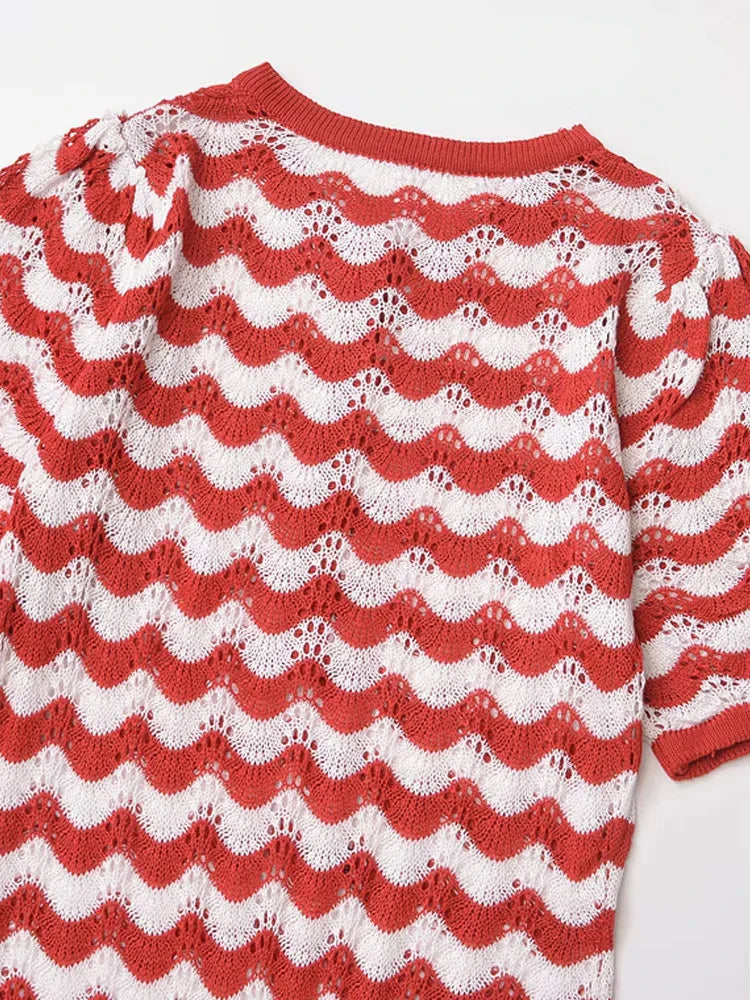 Women's Striped Knit Midi Dress With Front Button O Neck