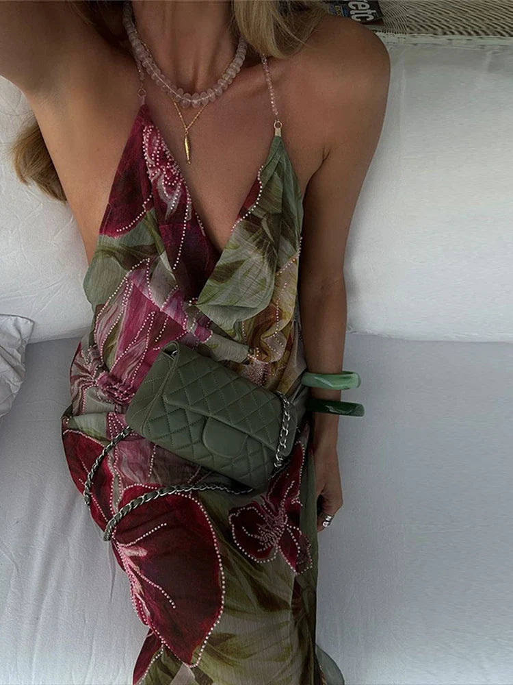 Backless Floral Halter Dress With Side Slit Beachwear