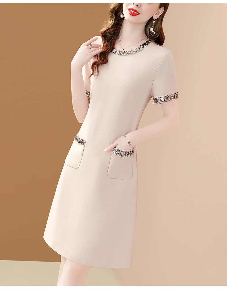 Elegant O Neck Embroidered A Line Dress For Women Office