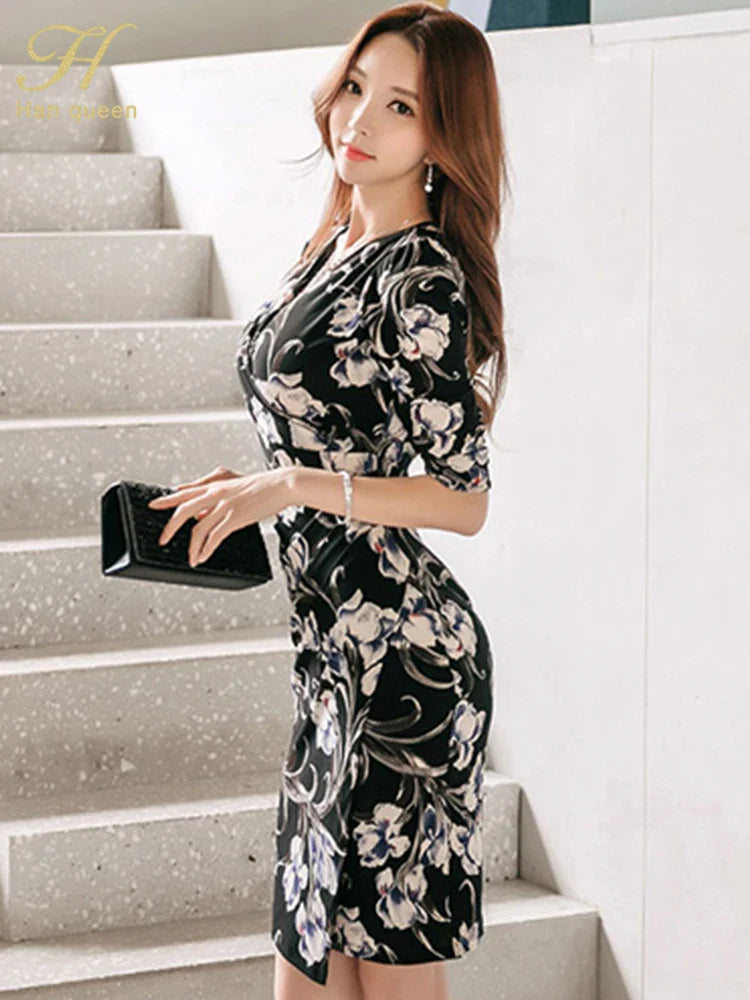 V-Neck Pencil Dress for Women Vintage Print Office Wear