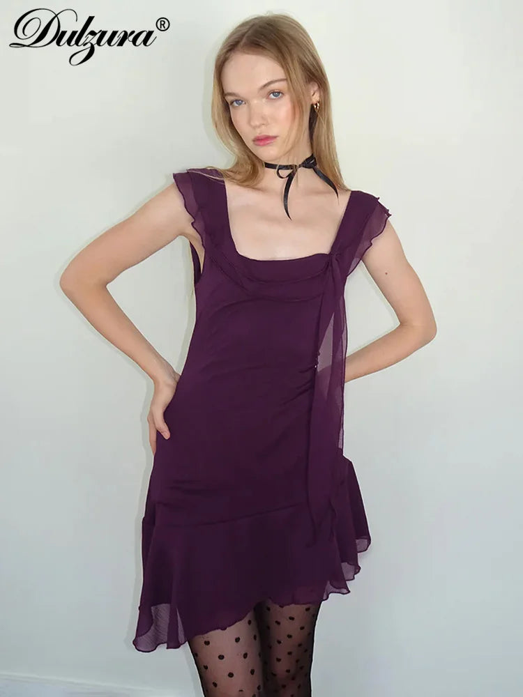 Sexy Tassels Patchwork Chiffon Mini Dress Sleeveless Zipper