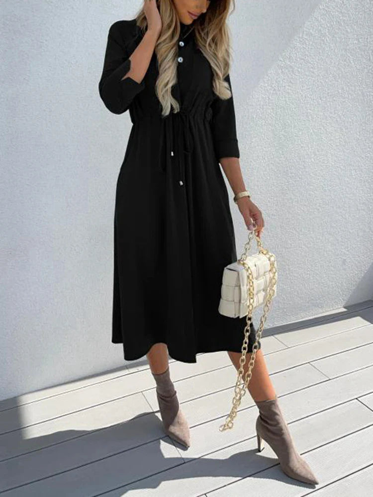 Women's Lace Up Waist Dress Mid Sleeve Aline Solid Color