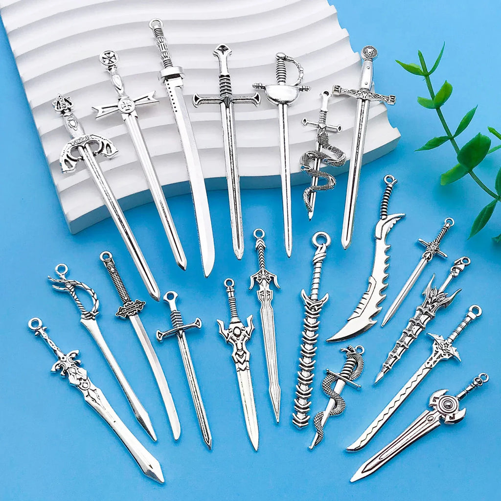 20 Pieces Ancient Silvery Sword Shape Bookmark Set for DIY Jewelry Keychain and Necklace Crafts