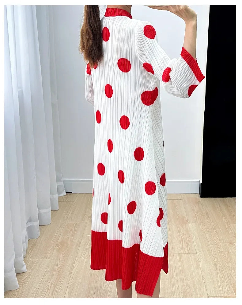 Polka Dot Pleated Dress for Women with Stand Collar