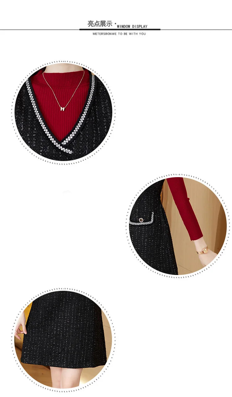 Women Tweed Sweater Vest Dress Two Piece Set For Office