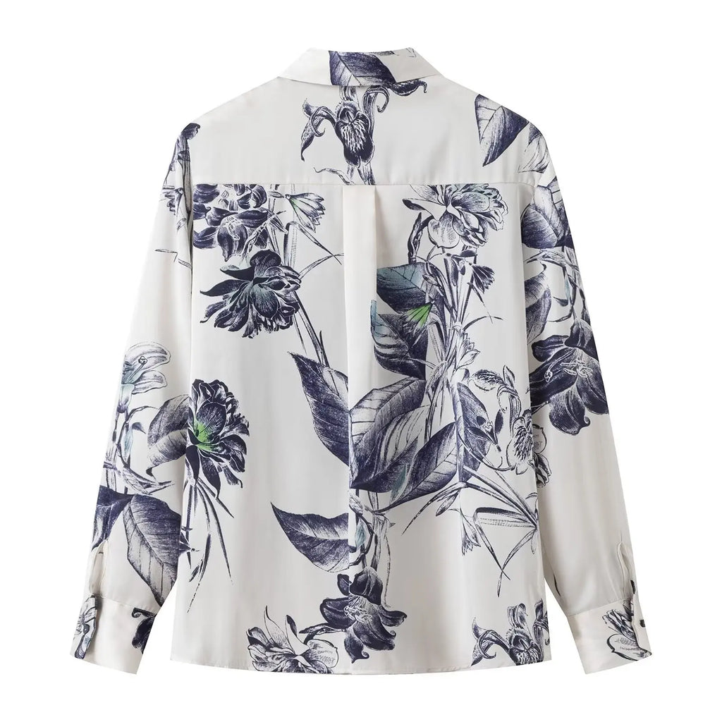 Women's Bow Tie Printed Blouse with Polo Collar Long Sleeve Single Breasted Vintage Loose Fit Elegant Shirt Top