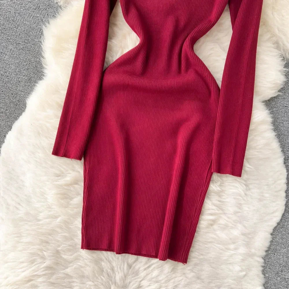 Knit Bodycon Dress For Women Long Sleeve Winter Sweater