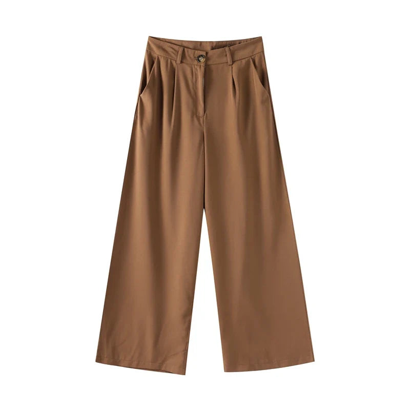 Casual Women Blazer Pants Suit with Slim Lapel Puff Sleeves and Wide Leg Trousers 2 Piece Outfit