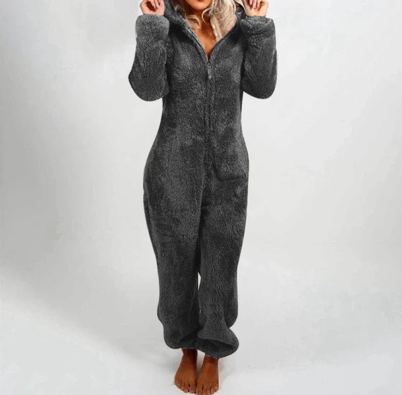 Women's One-Piece Hooded Jumpsuit Thickened Full-Length Overalls Cozy Autumn Winter Wear