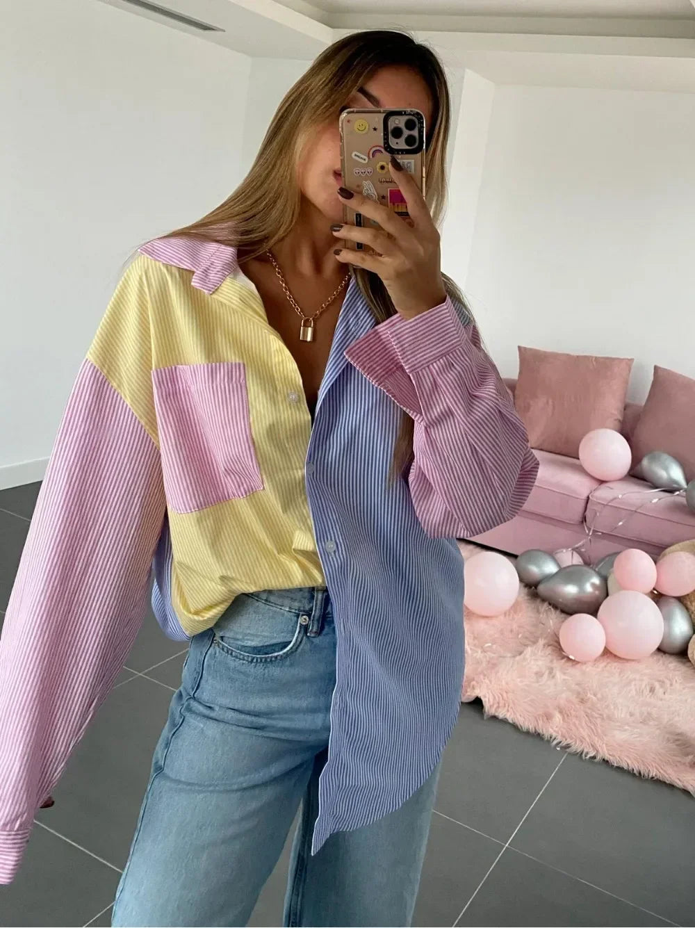 Women Casual Colorblock Striped Long Sleeve Button Up Tunic Shirt with Turn Down Collar Daily Wear Top