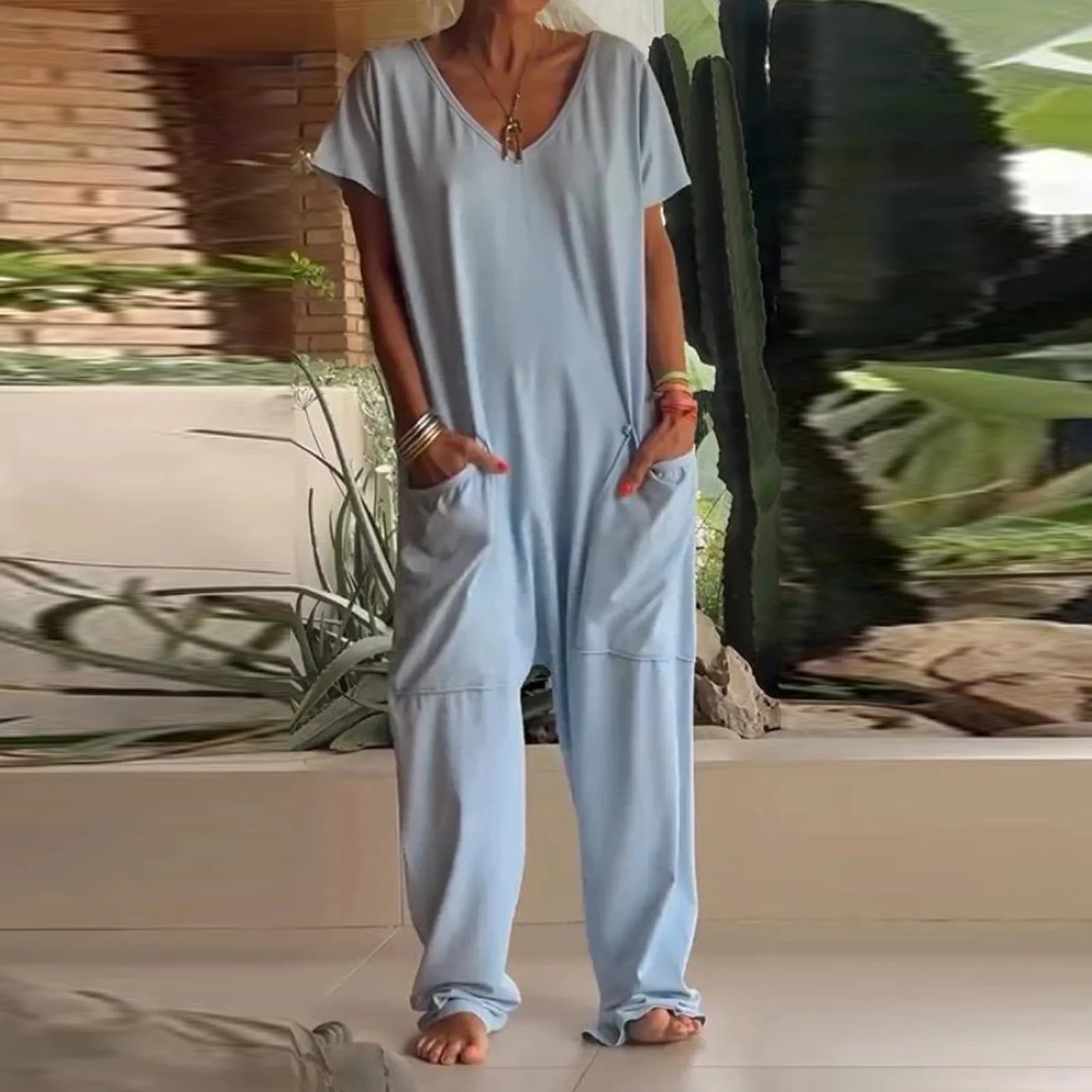 Women's Casual Short Sleeve Pullover Jumpsuit Loose Fit with Pockets Comfortable Lightweight Bodysuit Trendy Summer Romper