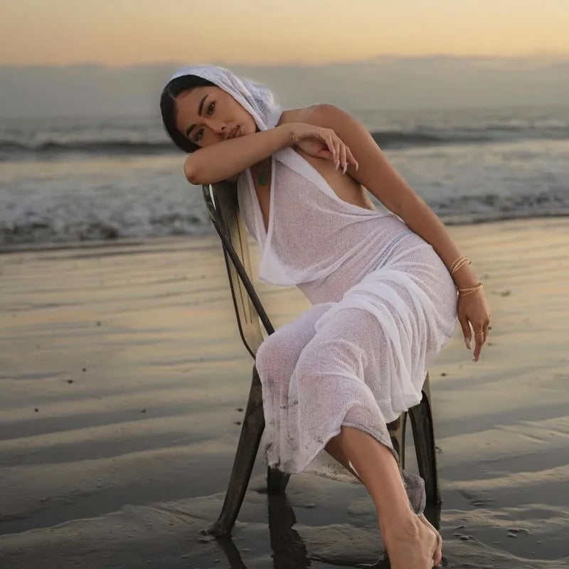 Sleeveless Hooded Dress Slimming Swing Neck Solid Color Long