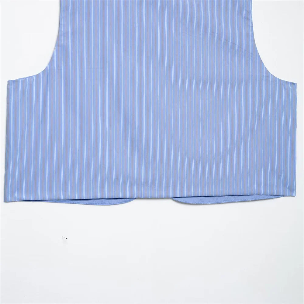 Womens Light Blue Pinstripe Suit Set with Sleeveless Asymmetric Vest and Wide Leg Pants for Stylish Office Attire