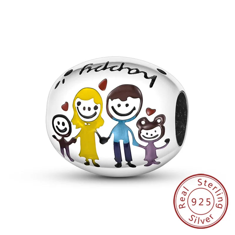 925 Sterling Silver Love Heart Family Charm Bead Pendant for Women's Bracelet Jewelry Gift