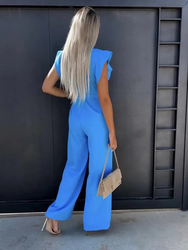 Elegant Lace Up High Waist Jumpsuit for Women with Straight Leg and Ruffle Edge Sleeves in Solid Color