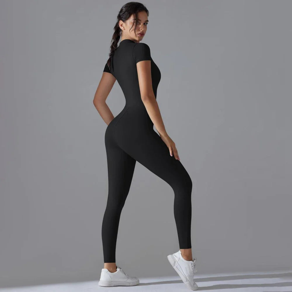 Womens Short Sleeve Yoga Jumpsuit Slim Fit Stretch One Piece Romper with Front Zipper Sexy Fitness Activewear Basic Sportwear in Black