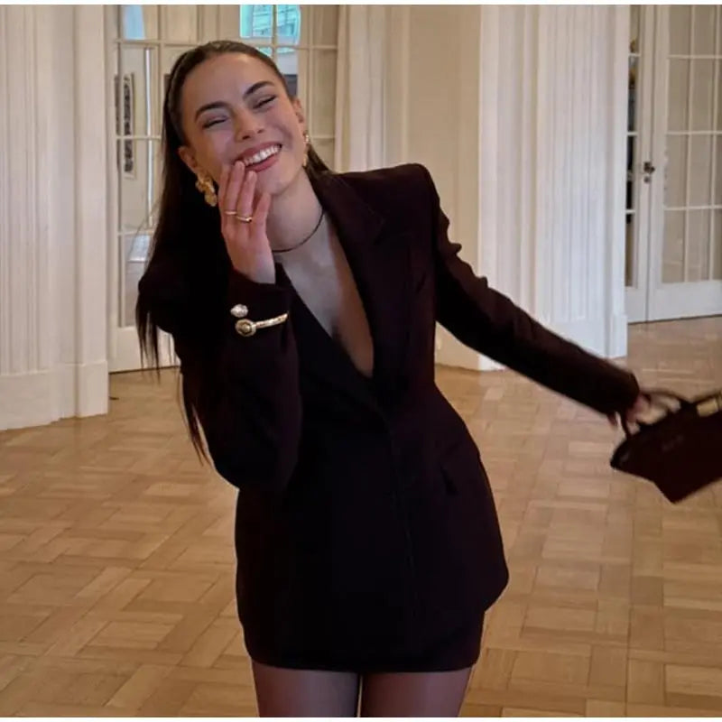 Elegant Women Blazer and Mini Skirt Set with Shoulder Pads Cinched Waist Suit Jacket and A-line Skirt Two-Piece Office Outfit