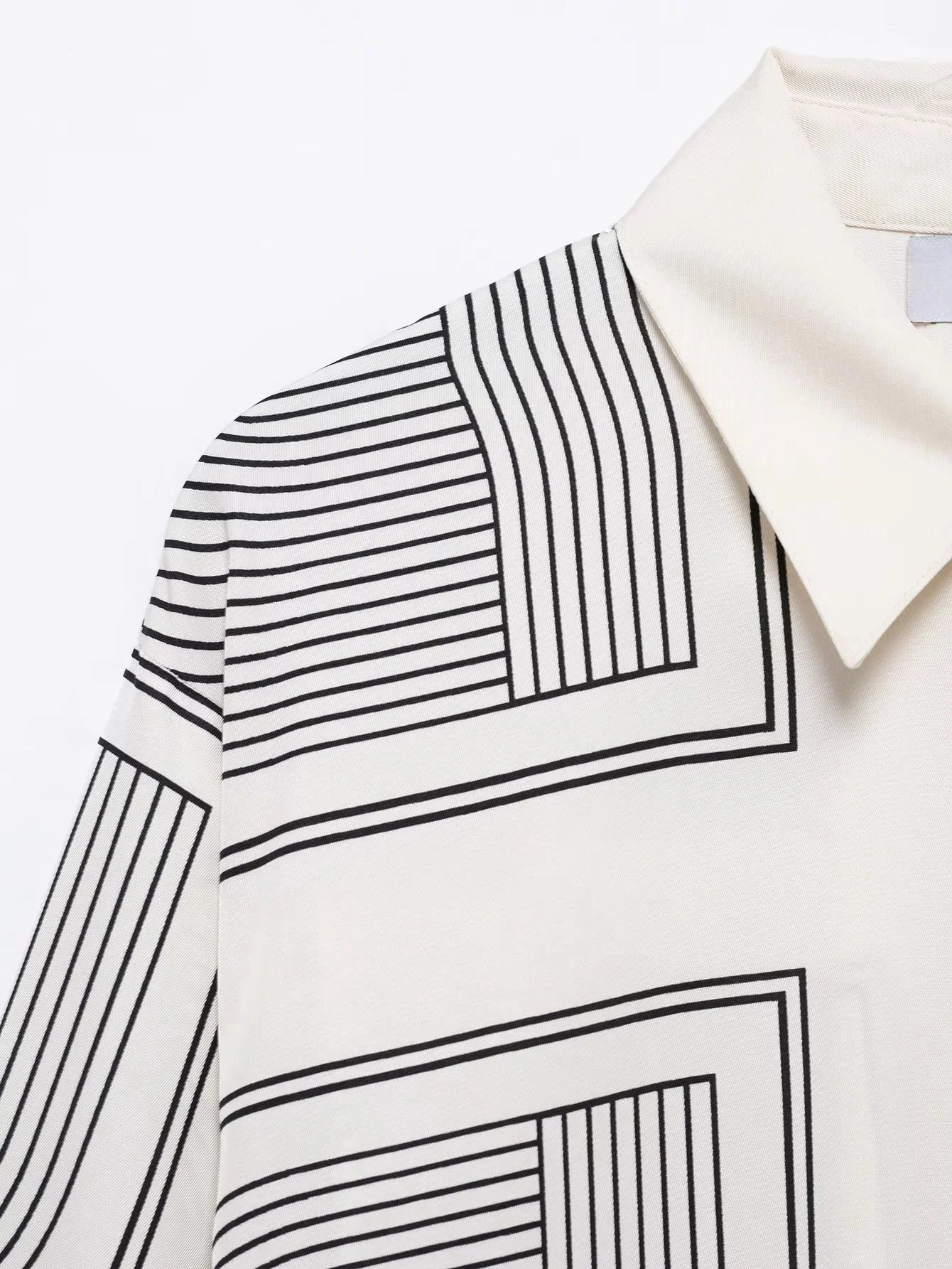 Stylish Women's Suit Set with Long Sleeve Shirt and Wide Leg Pants in Creamy Base and Geometric Patterns