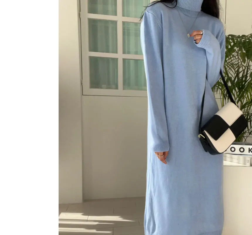 Cozy Turtleneck Sweater Dress For Women Knitted Long Sleeve