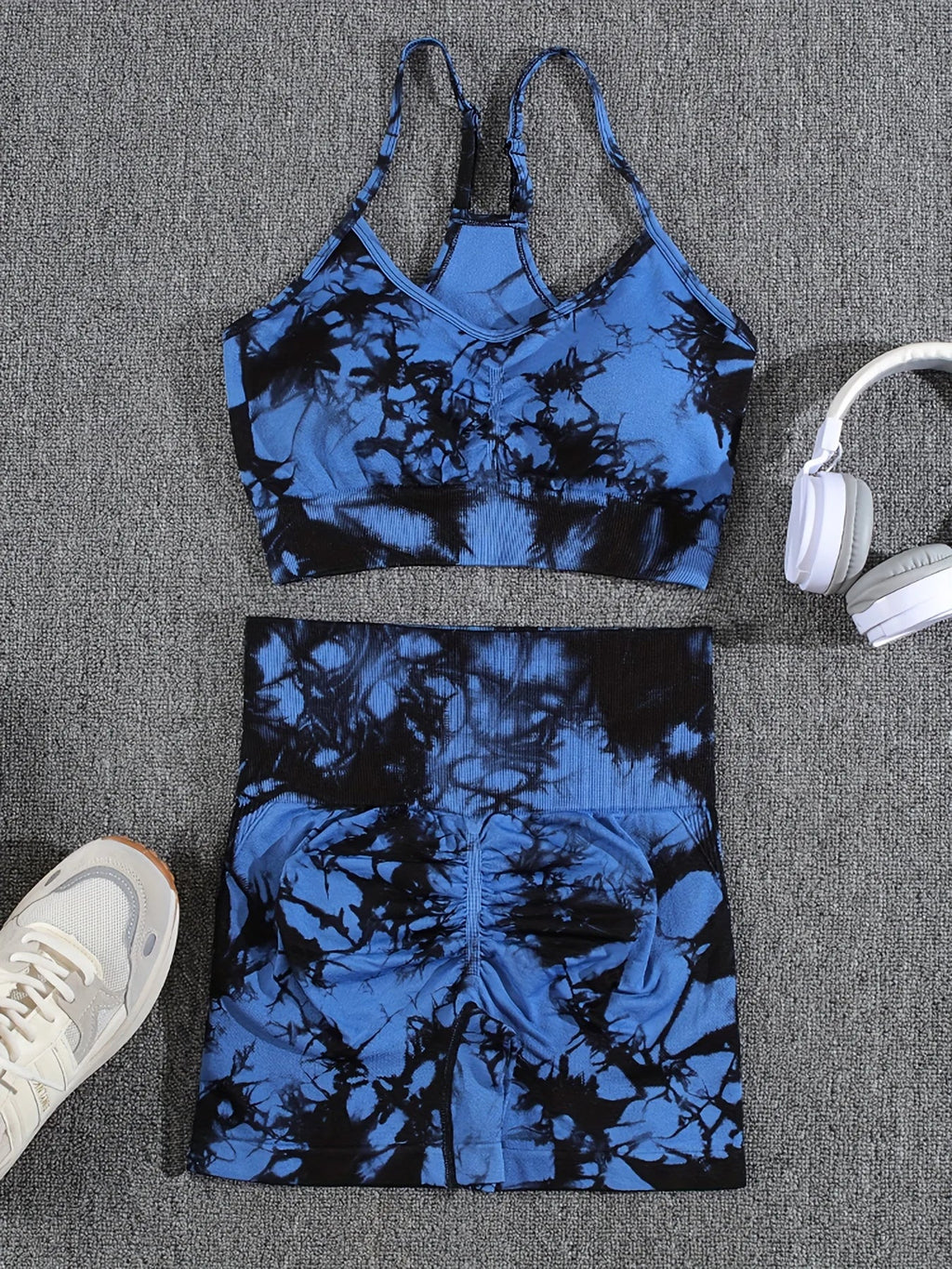 2-Piece Women Tie-Dye Sports Shorts and Crop Top Set Breathable Athletic Workout Gym Outfit Perfect for Yoga Fitness and Biking