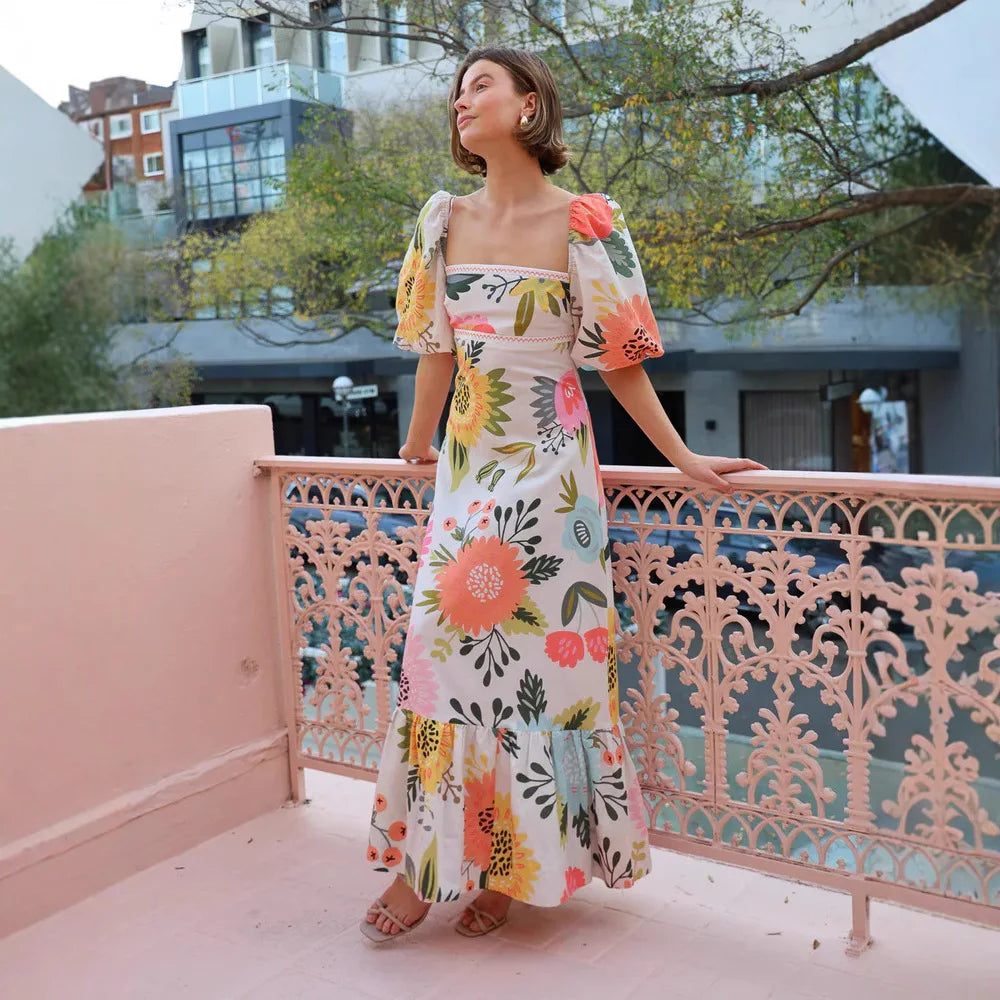 Bohemian Printed Lantern Sleeve Maxi Dress With Collar