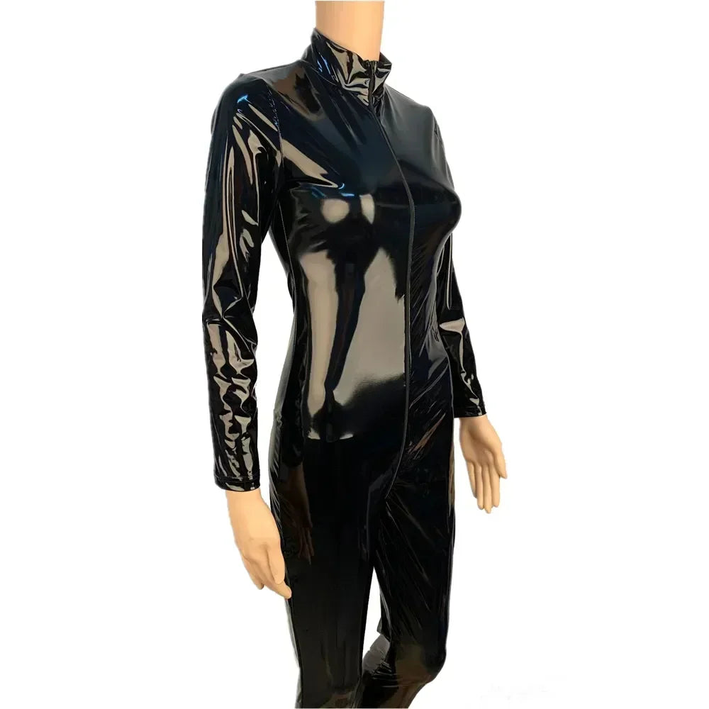 Womens Wet Look PU Leather Jumpsuit Long Sleeve Shiny Latex Bodysuit Zipper Open Crotch Stretch Clubwear Plus Size