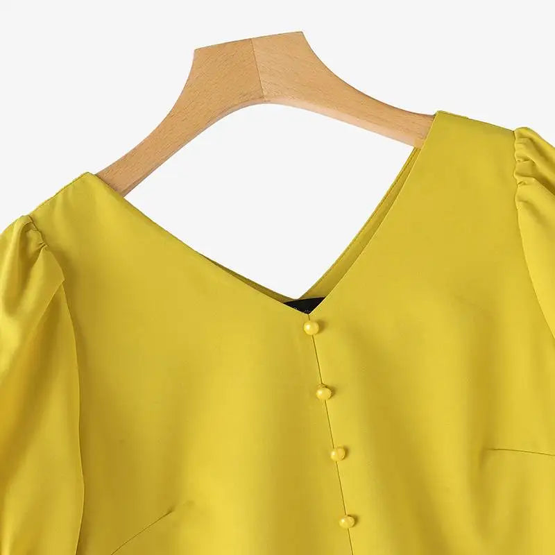 V Neck Puff Sleeve Midi Dress Solid Color Casual Wear