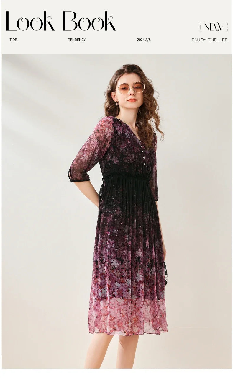 Purple Floral Chiffon Dress With V Neck And Lantern Sleeves