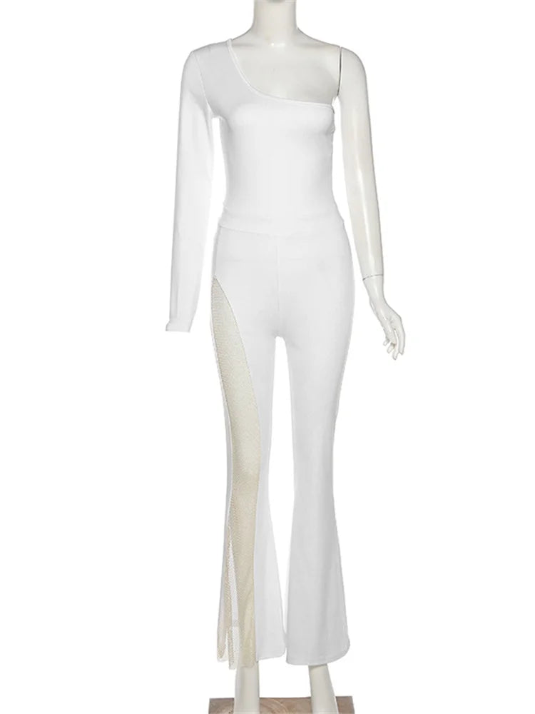 Mesh Patchwork One Sleeve Jumpsuit for Women Hipster Incline Shoulder Sheath Flare Overalls Autumn Streetwear