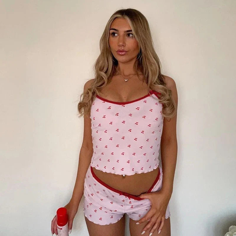 Cherry Print Two-Piece Matching Set with Slim Crop Camisole Top and Bow-Accent Shorts Summer Casual Festival and Workout Outfit for Women
