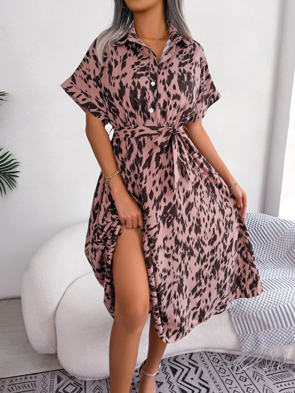 Leopard Print Shirt Dress Lace Up Casual Summer Style