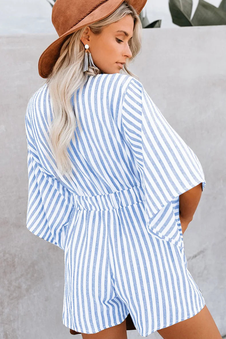 Women's Summer Slimming Striped Jumpsuit with Deep V Neck, Flared Three Quarter Sleeves, and Wide Leg Pants