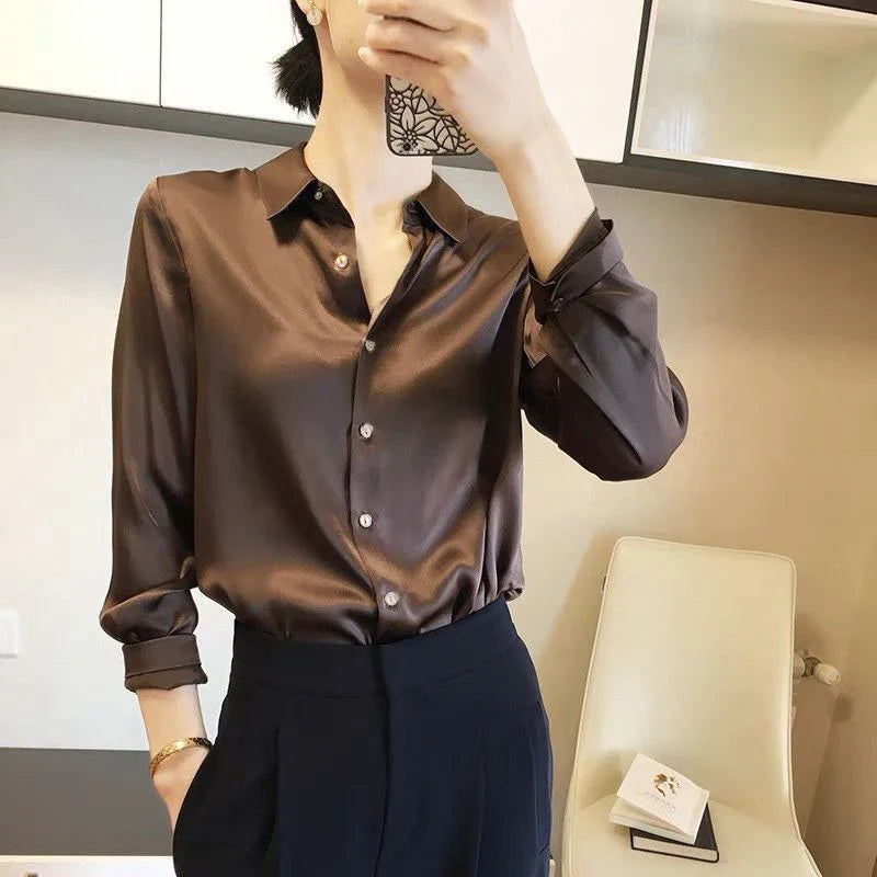 Satin Finish All-Match Blouse for Women Long Sleeve Casual Elegant Button Down Shirt Solid Color French Style Office Top