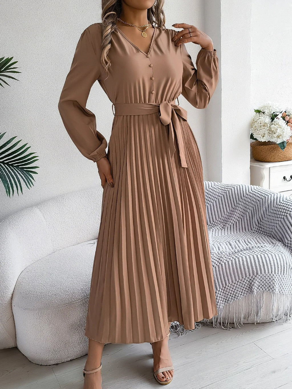 Elegant Autumn V Neck Belted Pleated Long Sleeve Dress