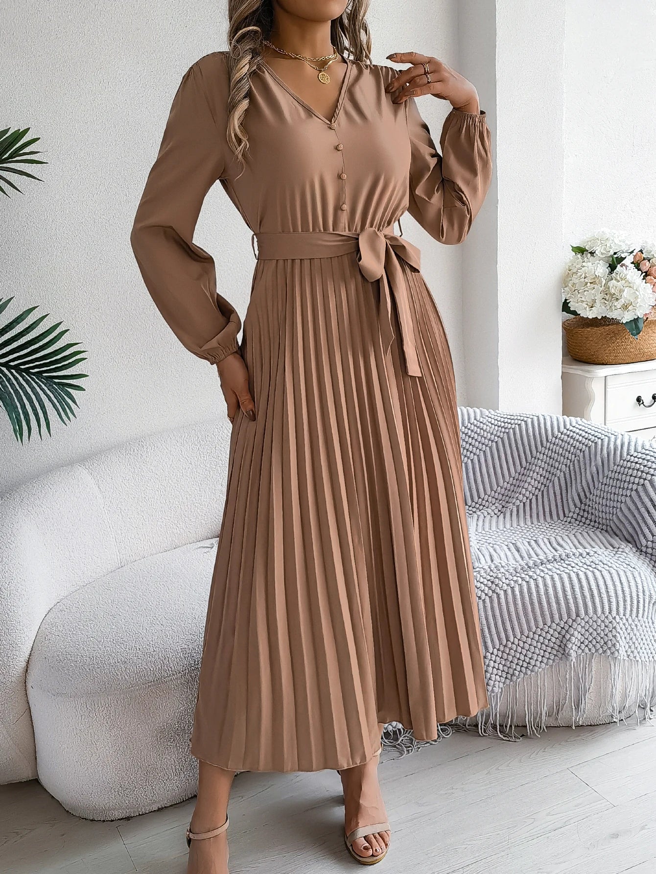 Elegant Autumn V Neck Belted Pleated Long Sleeve Dress