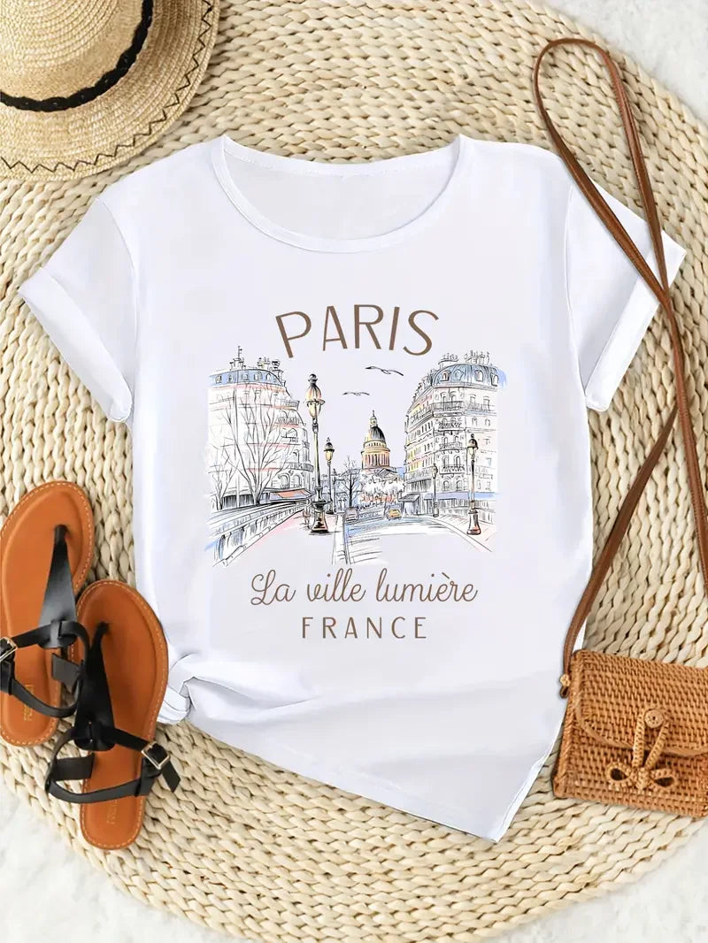 Paris Print Women's T-Shirt - Soft Breathable Short Sleeve Crew Neck Summer Tee
