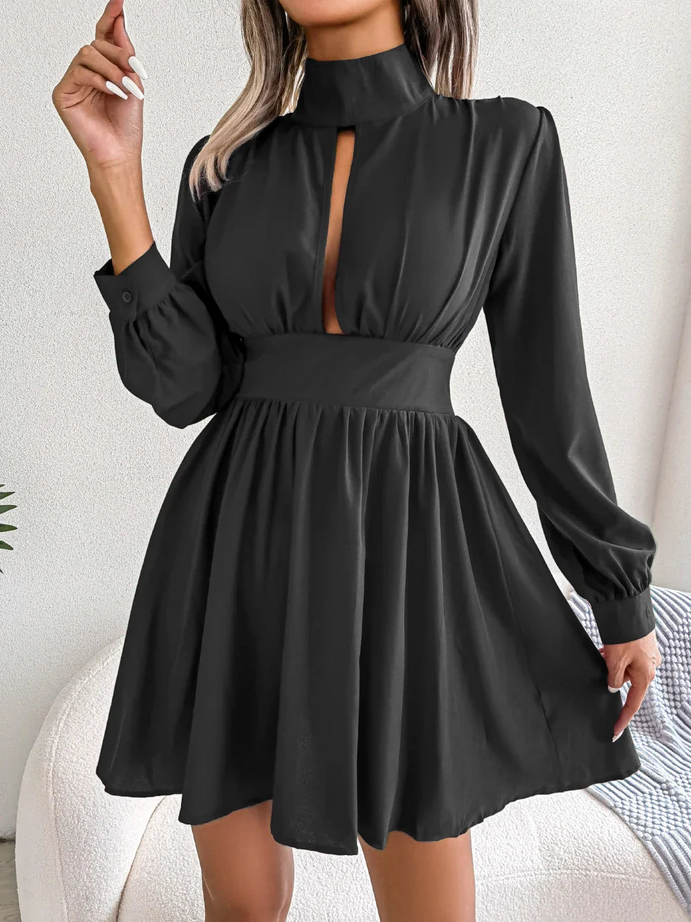 A Line Dress For Women Hollow Out Long Sleeve Elegant
