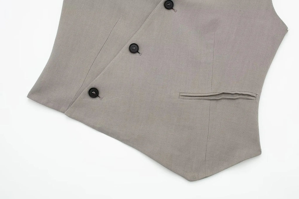 Women's Solid Grey Two Piece Set with Sleeveless Asymmetrical Vest and High Waist Wide Leg Trousers Casual Outfit