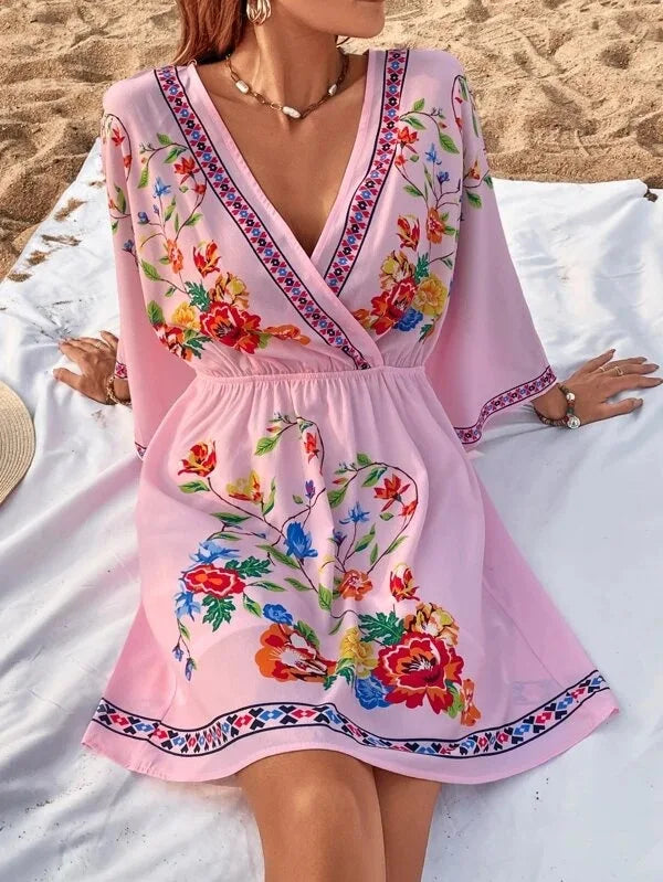 Bohemian Dress With V Neck And Tie Waist Beach Vacation