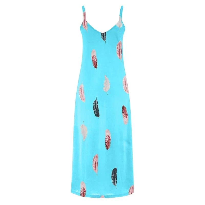 Feather Print Maxi Dress V Neck All Season Comfort Stretch