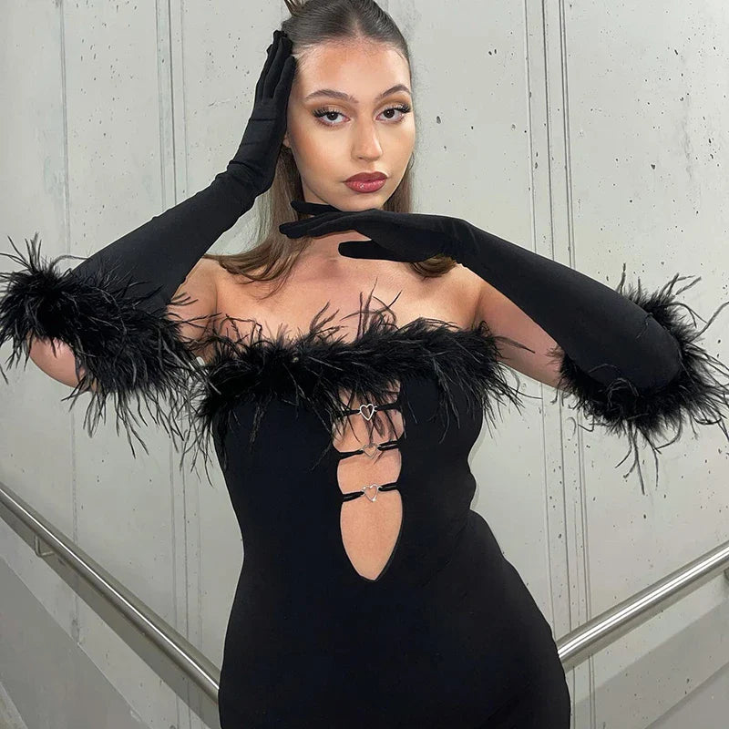 Feather Off Shoulder Mini Dress With Heart Cutouts Party